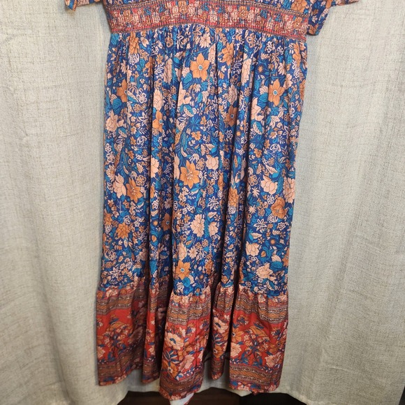 BLOOMCHIC Floral Maxi Dress Women's XL V Neck Smocked Waist Orange Blue Pockets - Picture 11 of 11